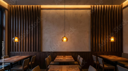 Modern restaurant interior design with elegant wood paneling and warm ambient lighting for hospitality.