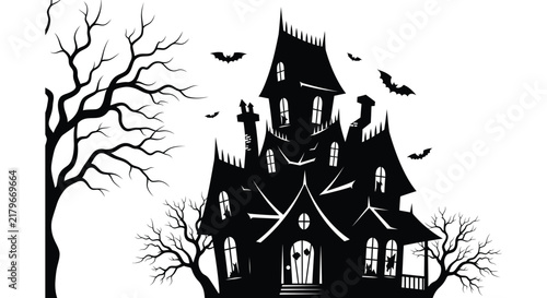 A dark haunted house with bare trees and bats is shown in silhouette