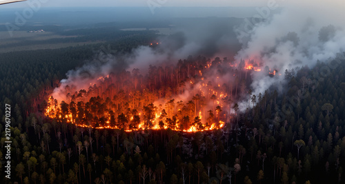 Горящий лес, вид с самолета
