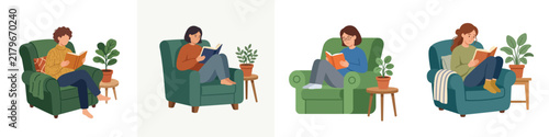 Illustration set of young women reading books while relaxing in comfortable armchairs at home.