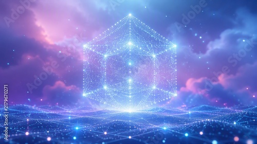 Digital Data Cube of Connecting Points in a Futuristic Cloudscape Scene