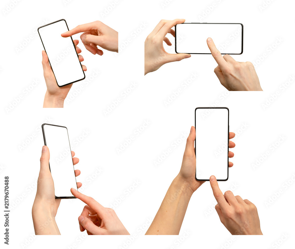 Obraz premium Take photo smartphone in hand mockup set isolated on transparent background. Cell phone picture