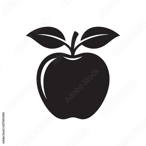 Black silhouette vector icon of a fresh apple with stem and leaves