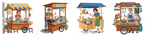 Set of street food vendors preparing and serving hot meals from mobile stalls