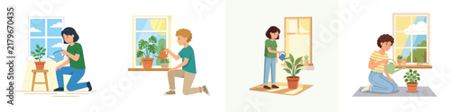 Set of people watering houseplants near windows in a flat vector illustration style.