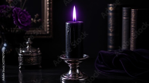 Elegant Black Candle Lit on Silver Candleholder with Dark Decor Setting