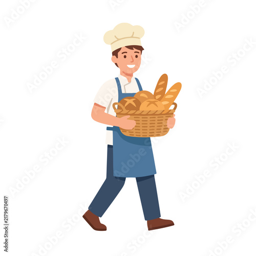 Flat vector illustration of a happy male baker carrying a basket of fresh bread