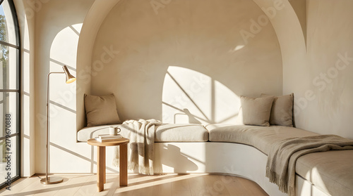 Modern minimalist living room interior with cozy bench seating for home decor design.