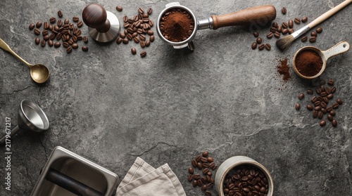 Coffee brewing tools flat lay on concrete, beans and grounds background texture with copy space for barista menu, branding, and recipe design