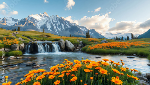 Scenic mountain landscape with a flowing stream and vibrant orange wildflowers in summer