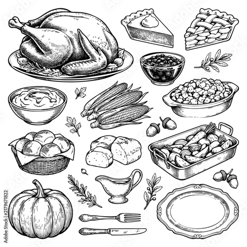 Hand drawn Thanksgiving food set featuring roasted turkey pumpkin pie corn gravy and vegetables