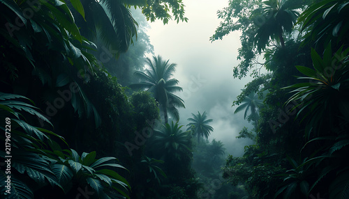 Misty tropical rainforest canopy with lush palm trees and dense jungle foliage background