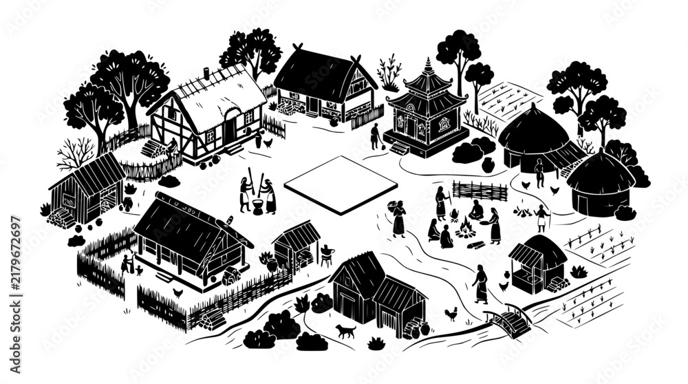 Fototapeta premium Medieval Village Scene Illustration with Diverse Architecture and Rural Life