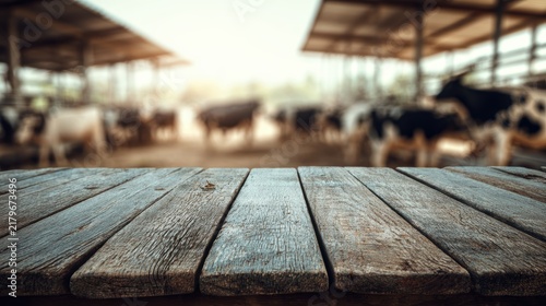 empty table table top with blur background of dairy cow farm, Advertisement, Print media, Illustration, Banner, for website, copy space, for word, template, presentation
