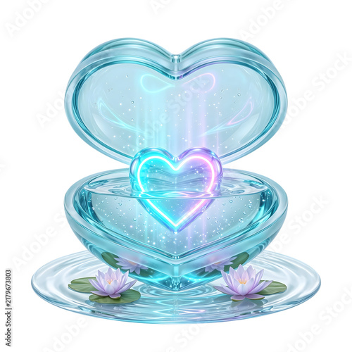 Glowing heart inside a crystal shell with water lilies on a transparent background