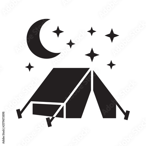 Camping tent silhouette icon with crescent moon and stars in night sky