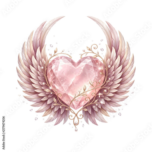 Pink Crystal Heart with Angel Wings Isolated on White Background