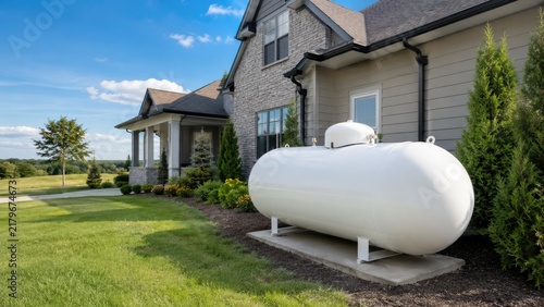 White aboveground residential propane tank beside a suburban house with landscaped lawn and blue sky