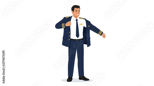Male Airline Pilot Putting on Uniform Jacket Vector Illustration