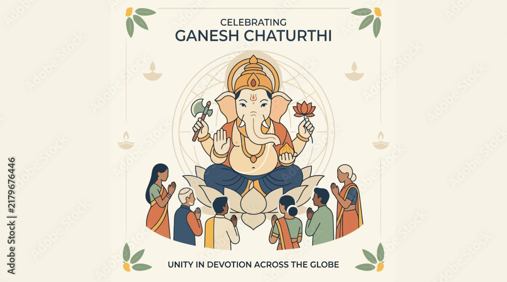 Fototapeta premium Ganesh Chaturthi celebration illustration with devotees praying to Lord Ganesha