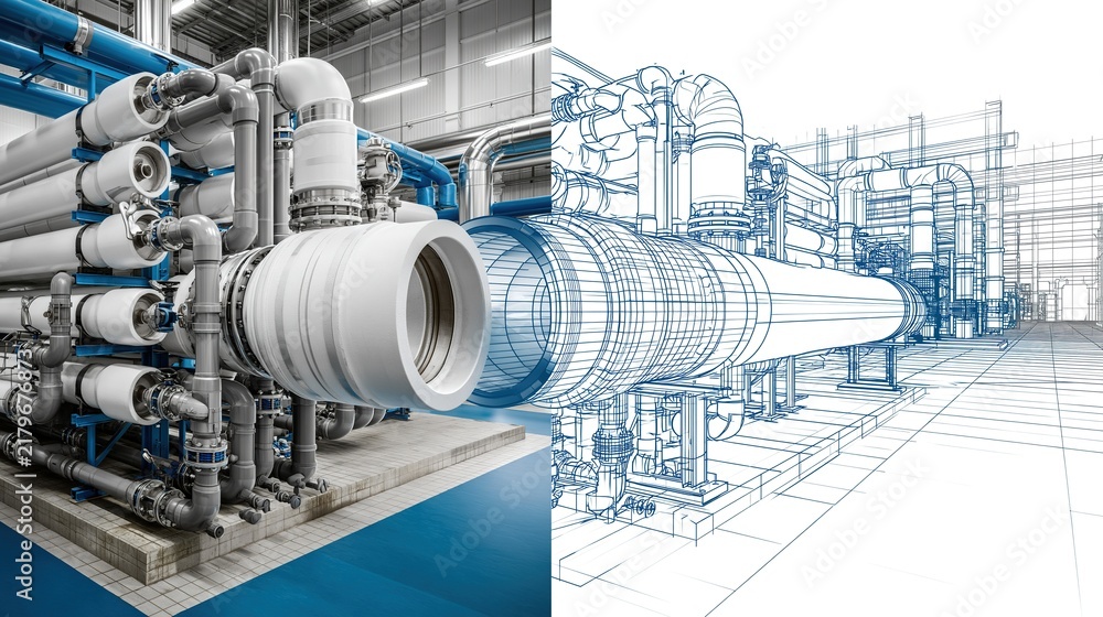 Fototapeta premium Industrial Plant Interior: Large White Pipes and Blue Sketches