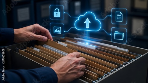 Obraz na płótnie Cloud computing data migration concept with hands searching physical file cabinet and glowing digital storage upload interface