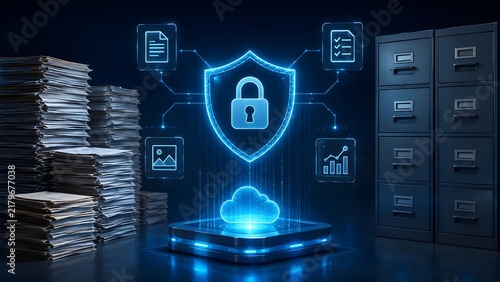 Cybersecurity data protection concept with glowing shield padlock hologram and cloud storage symbol between physical paper stacks and file cabinets