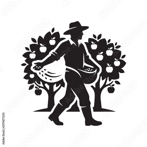 Silhouette vector illustration of a farmer sowing seeds in an apple orchard