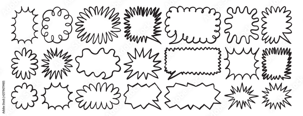 Fototapeta premium Colored doodle speech bubbles outline and bubble shapes, round, oval and rectangular speech bubbles with black stroke. Creative stars colorful.