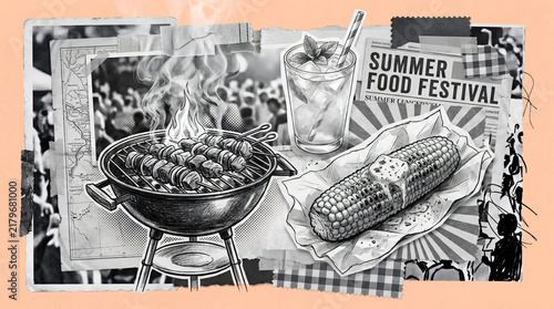 Vintage Summer Food Festival Collage with BBQ Grill Skewers and Corn
