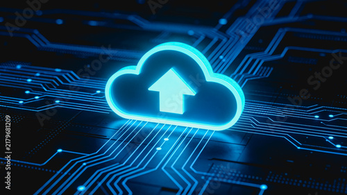 Cloud computing upload icon on circuit board technology background