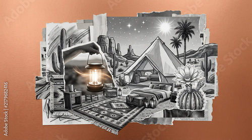 Surreal Desert Glamping Collage with Luxury Tent Lantern and Cactus