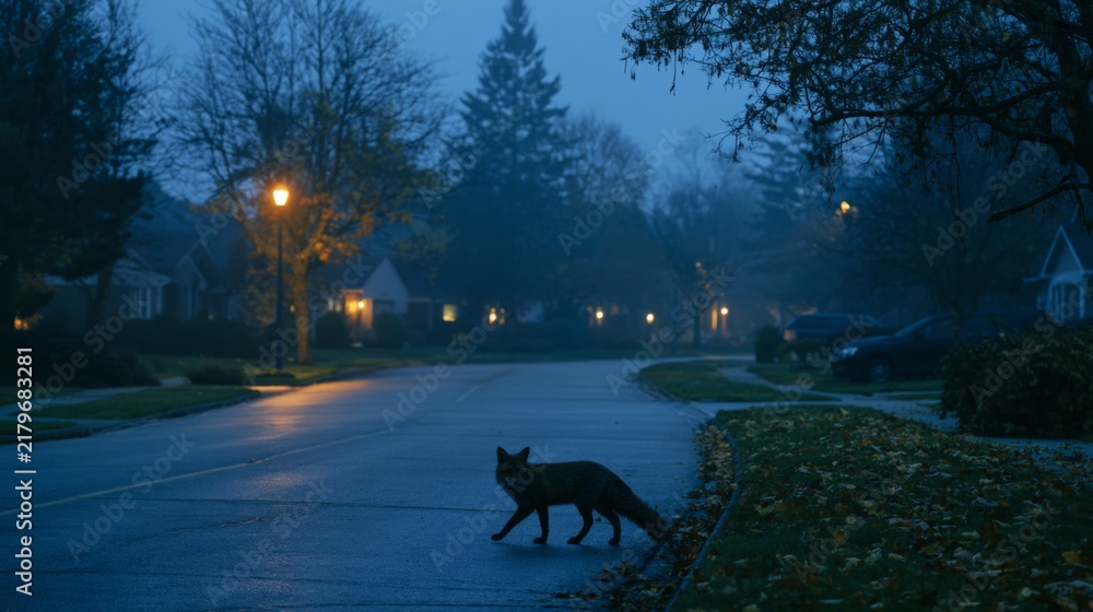 Fototapeta premium A Fox Walking Quietly Through a Serene Suburban Street at Dawn with Soft Morning Light and Calm Atmosphere