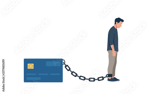 Bild auf Leinwand Man chained to a large credit card, representing financial burden