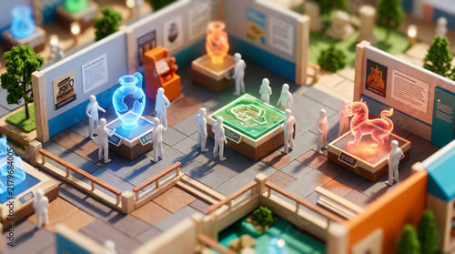 Isometric 3D Futuristic Museum Exhibition with Holographic Artifacts