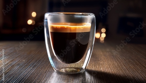 double wall clear glass cup filled with fresh espresso coffee espresso caffeine beverage breakfast