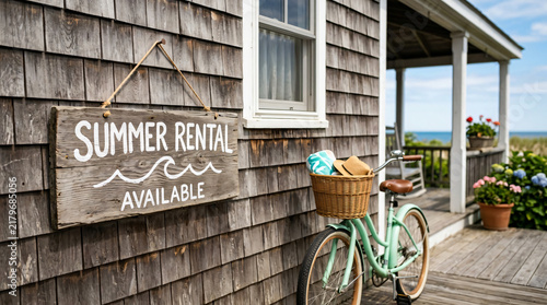 Summer Rental Available Wooden Sign on Coastal Beach Cottage House