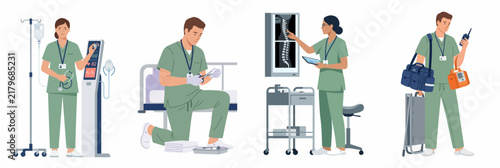 Illustration set of medical workers in green scrubs performing clinical duties like monitoring patients, preparing equipment, analyzing X-rays, and handling emergency medical supplies.