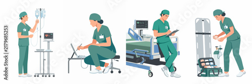 Flat illustration set of medical professionals in green scrubs working in a hospital setting with various medical equipment and tools.