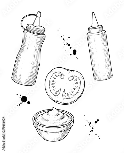 Hand-drawn of ketchup bottles, a fresh tomato slice, and a bowl of sauce on a white background