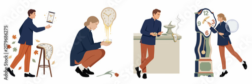 Flat illustration set of people with melting clocks and hourglasses, exploring concepts of time management, aging, and the fleeting nature of time.