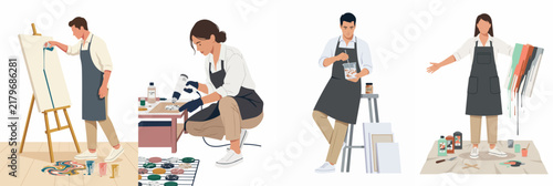Flat vector illustration of professional artists and craftspeople working with paint, canvas, and various art tools in a studio setting.