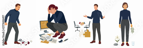 Illustrations of people experiencing different emotional states at work, from anger and stress to confusion and inner peace.
