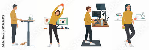 Flat vector illustration set of people using standing desks, stretching, and maintaining healthy ergonomic habits while working in an office or home environment