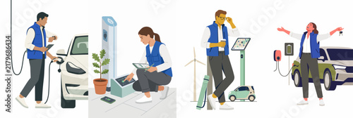 Illustrations showing people interacting with electric vehicles, renewable energy systems, and charging stations for a sustainable and eco-friendly future.