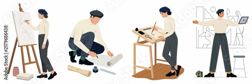 Set of Illustrations Depicting Male and Female Artists and Designers Working on Various Creative Projects Using Traditional and Digital Tools.