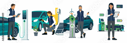 Collection of illustrations showing people managing electric vehicle charging, renewable energy systems, solar panels, and wind power for sustainable transportation solutions.