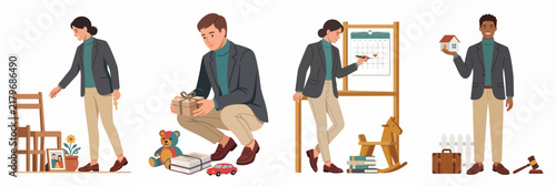 Flat vector illustration set showing people packing belongings, planning a move, and managing real estate property and legal aspects.
