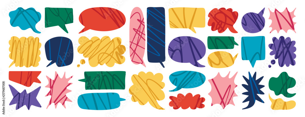 Fototapeta premium Abstract Speech Bubbles set of various shapes, bubble stars, rectangular, round and geometric Speech Bubbles with a texture of lines. Creative, positive, colorful elements for social media, posters