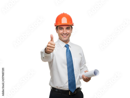Businessman giving thumbs up in hard hat and tie with blueprints